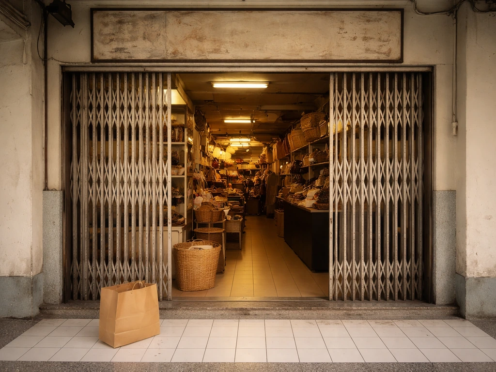 Vintage retail storefront facade in a Singapore shopping mall with a warm interior glow, no people.