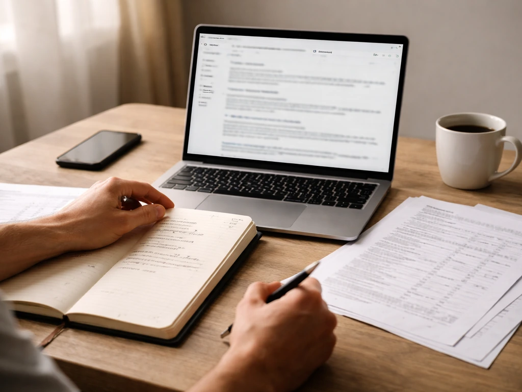Minimal desk scene with laptop search, open notes, and printed company registry pages for verifying a business estimate.