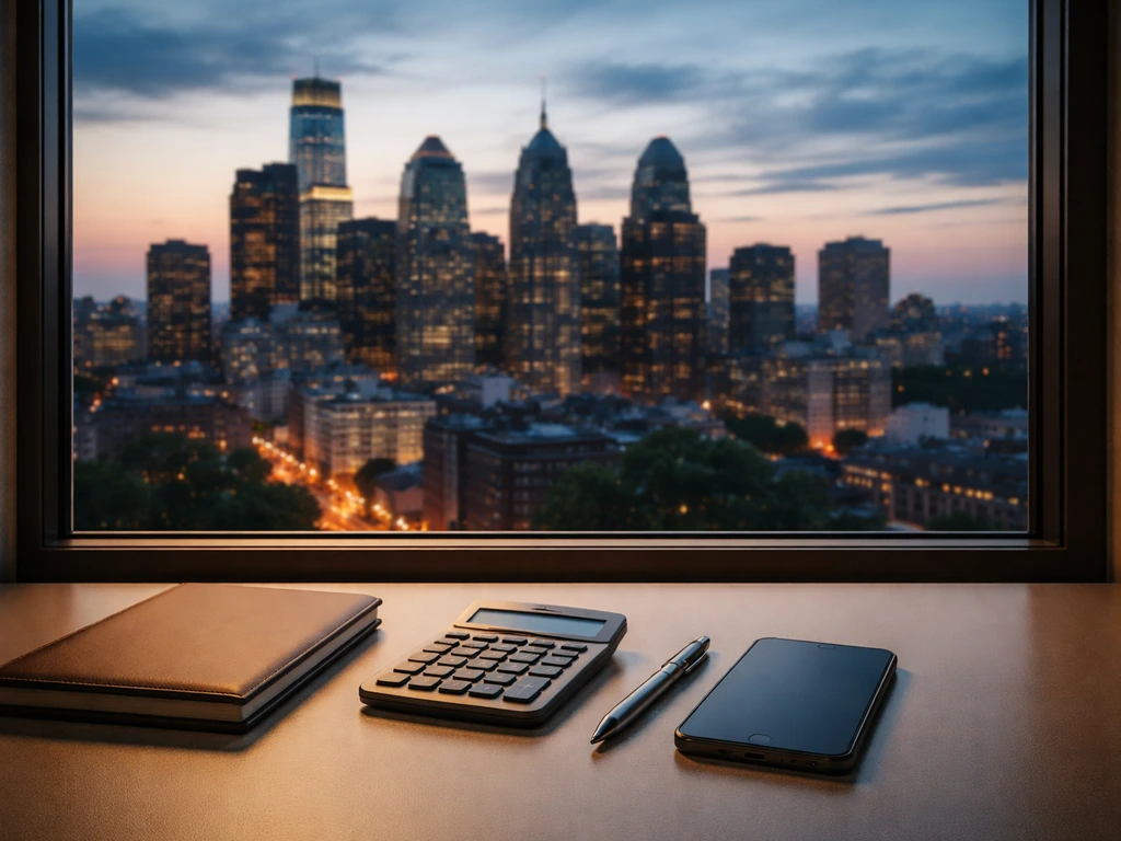 Philadelphia skyline at dusk with a blurred city-facing office window and subtle financial symbolism