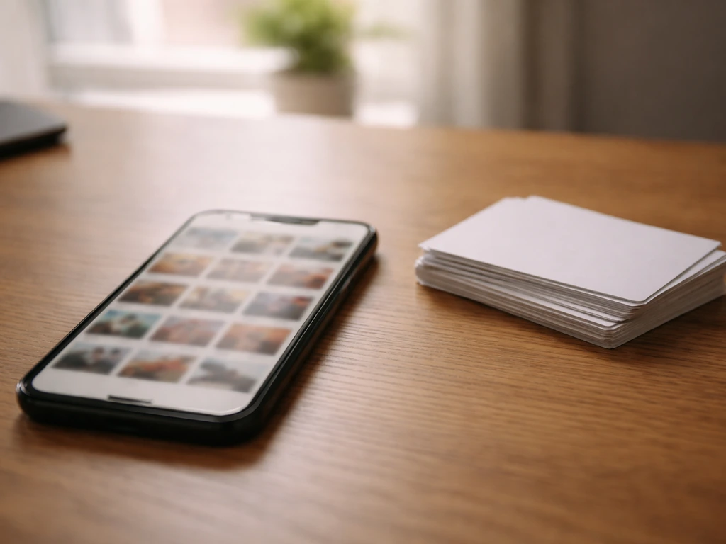Blurred phone search grid beside blank cards on an office desk, symbolizing multiple “Charles Ling” possibilities.