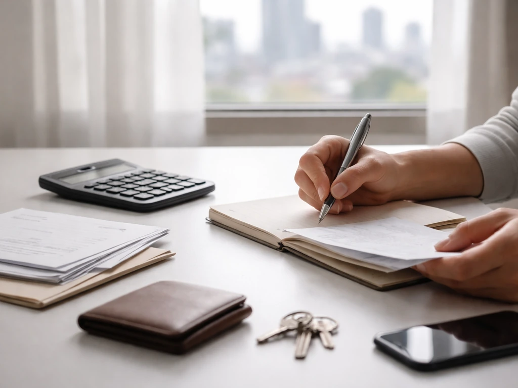 Hands reviewing generic finance documents on a desk with calculator, wallet, and city light outside.
