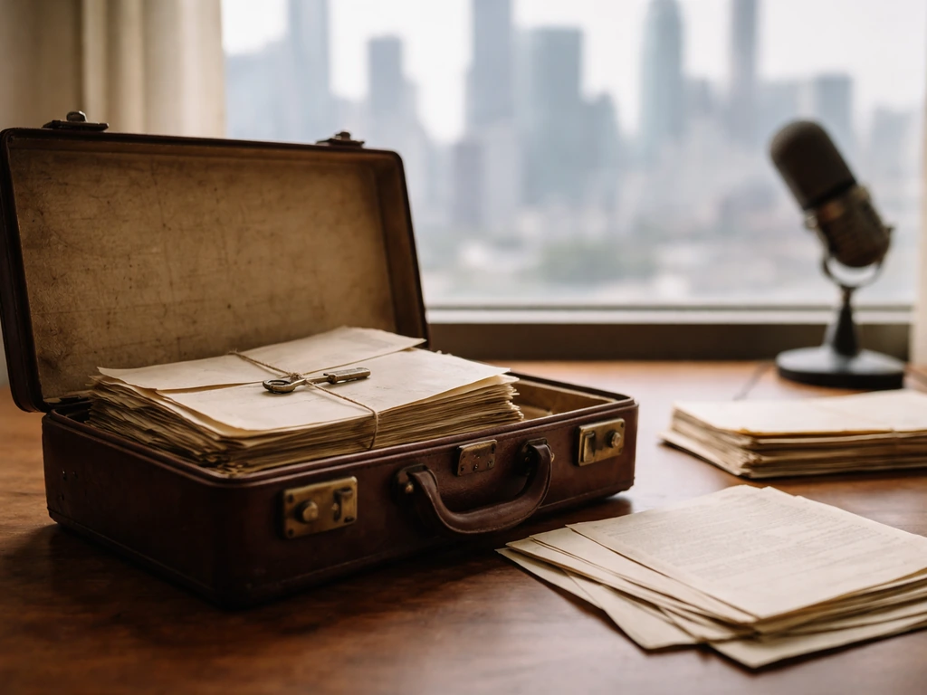 Minimal office desk with a vintage suitcase, old papers, and a blurred city skyline suggesting historical identity confu