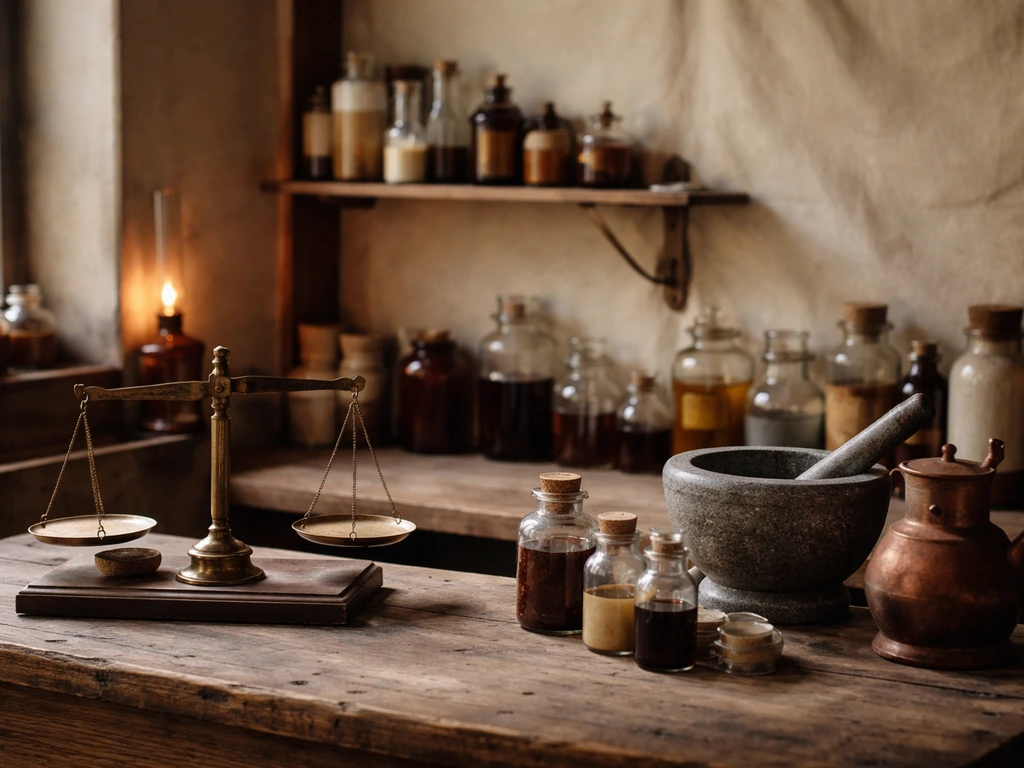 Antique apothecary workbench with brass scales, glass jars, and mortar in a dim old workshop