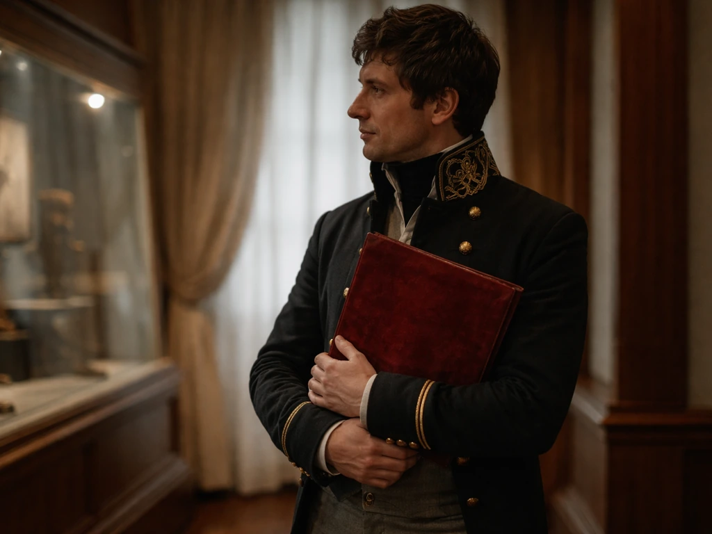 Anonymous man in formal dark coat with subtle gold trim in a softly lit museum interior.