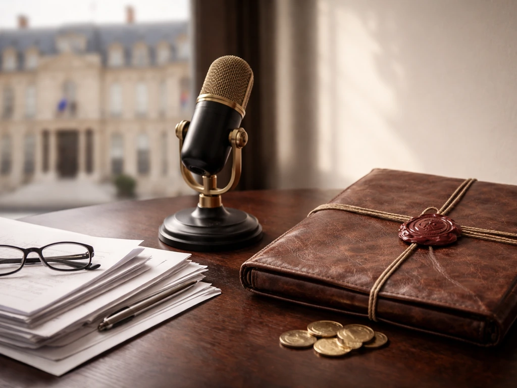 French government building, business papers and microphone, and a leather portfolio with wax seal and coins.