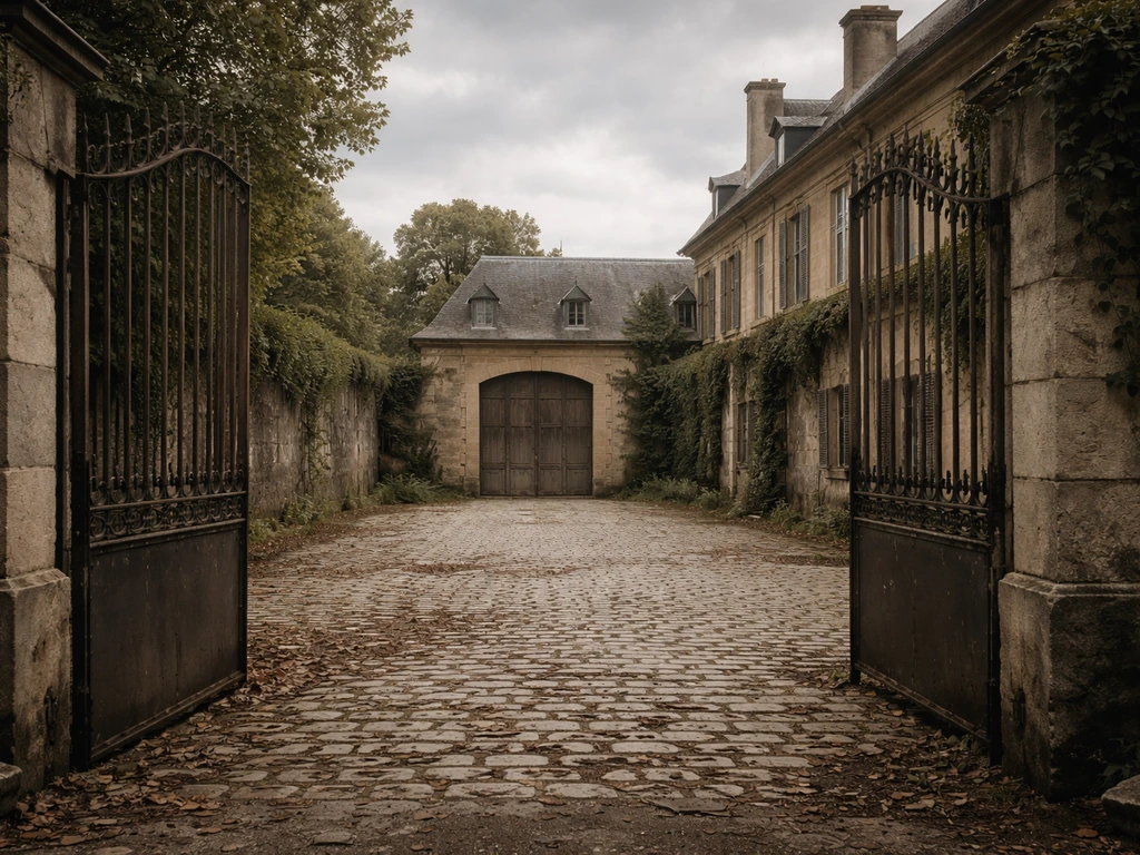 Empty historic stone estate courtyard with an ajar wrought-iron gate, evoking exile-era loss.