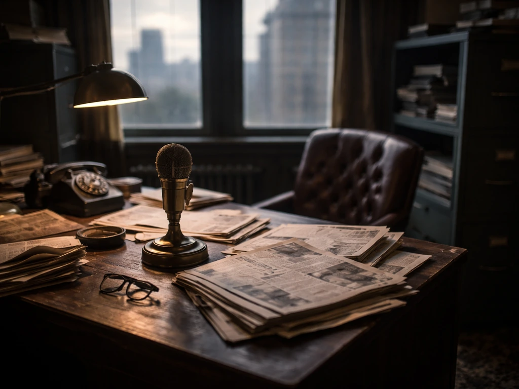 Moody vintage newsroom desk with microphone and scattered newspapers, symbolizing a tricky media fortune.