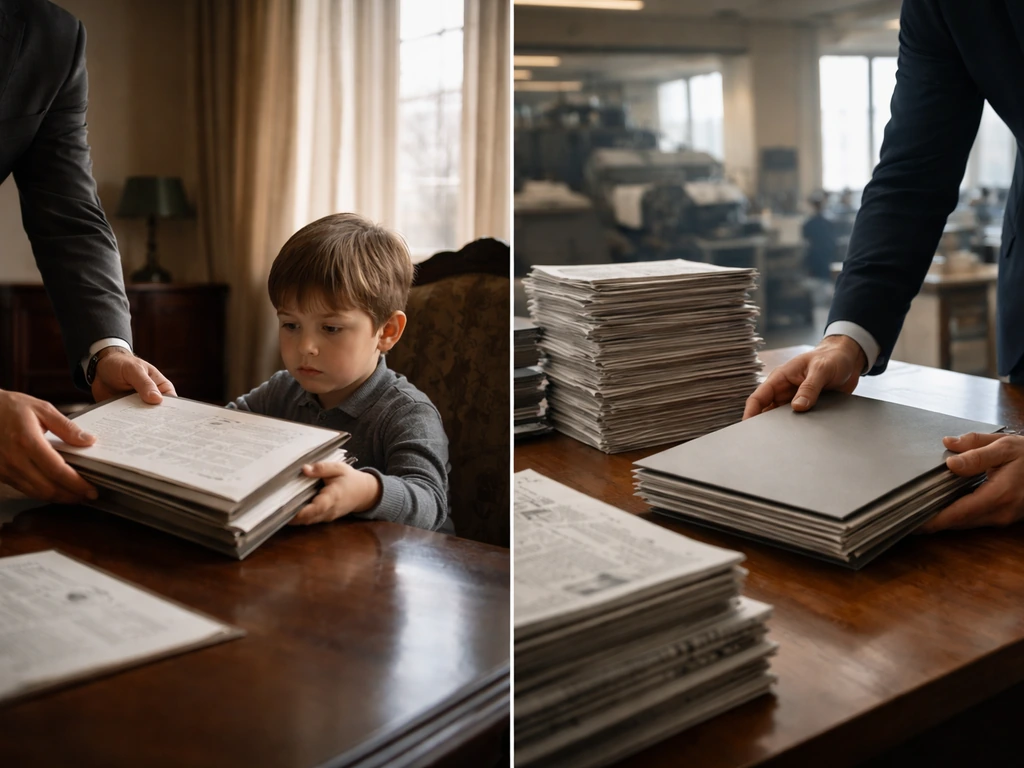Young child with a guardian’s handover papers, then a seamless transition to a newspaper office scene