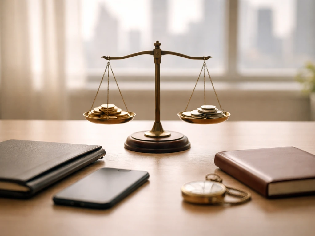 Minimal desk with a balance scale and coins under natural light, symbolizing comparing fortunes.