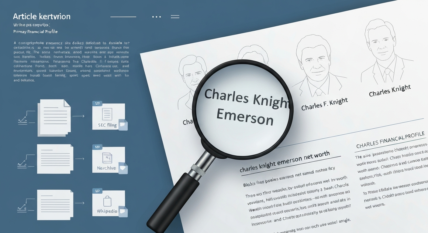Illustration of a magnifying glass over the name 'Charles Knight Emerson' with ghosted document thumbnails and faint portrait outlines labeled to show name confusion and search effort.