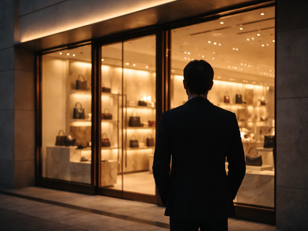 Luxury retail storefront with upscale founder-style silhouette near a window display, evoking brand wealth