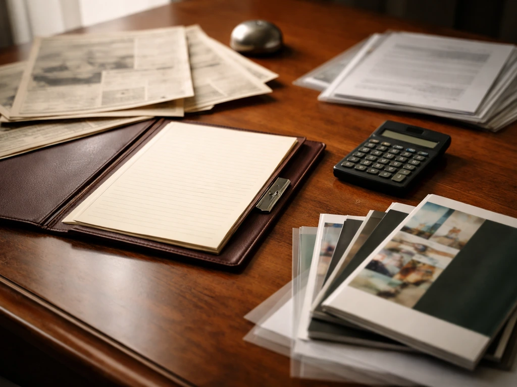 Minimal desk scene with newspapers, a calculator, and a closed portfolio symbolizing analyst wealth signals