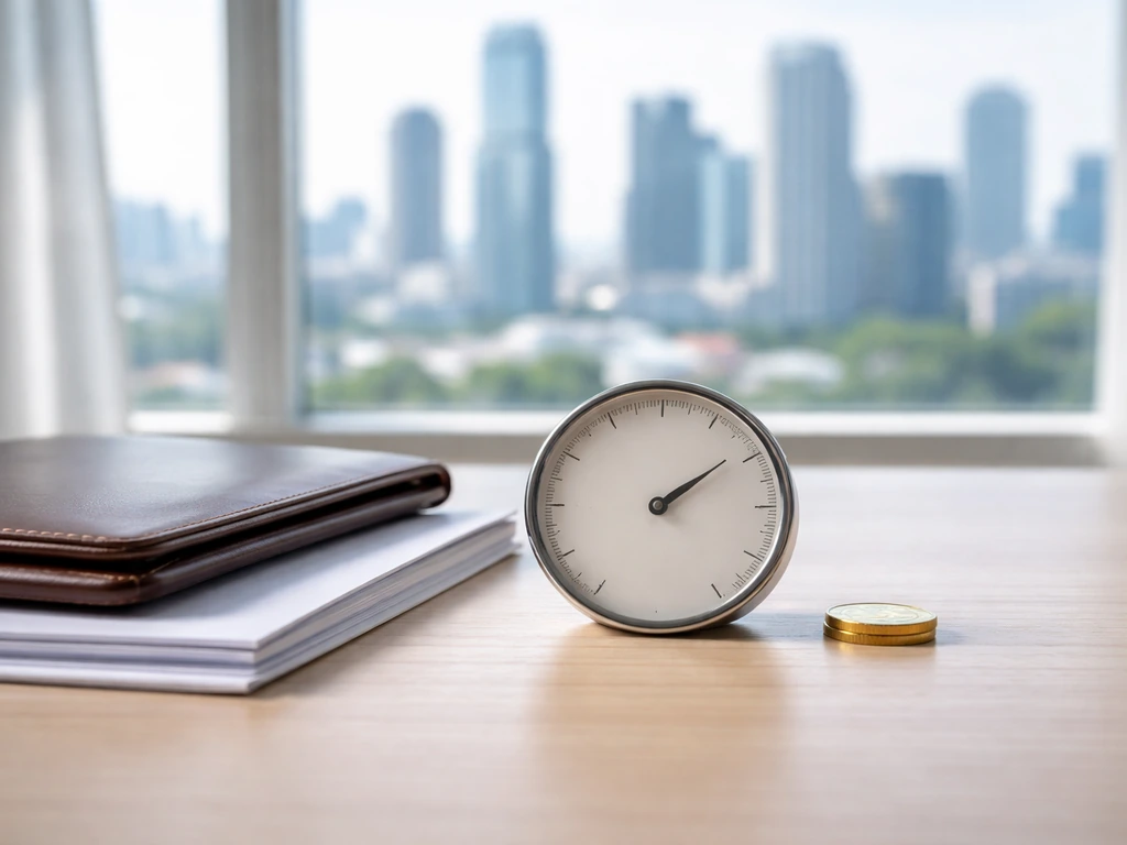 Minimal desk scene with an analog dial gauge mid-range, coin and portfolio symbolizing a net-worth confidence range.