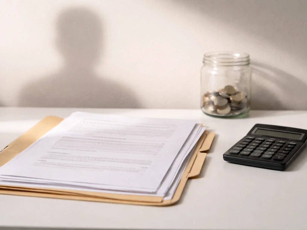 Open folder of anonymous financial documents beside a calculator and a muted silhouette-shaped shadow in soft light