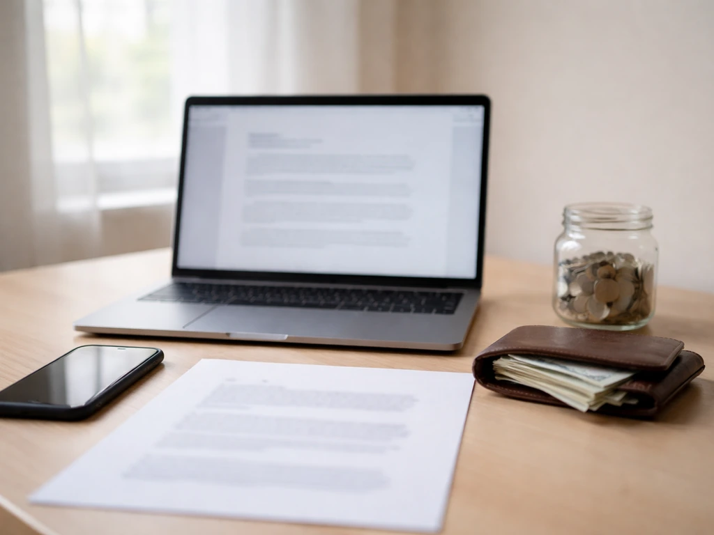Blurred laptop research desk with coins and cash, suggesting unverified net worth sources.