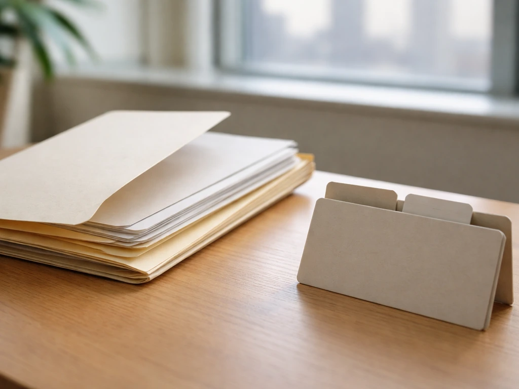 Manila file folder and blank corporate filing card on a wooden desk with softly blurred office window behind