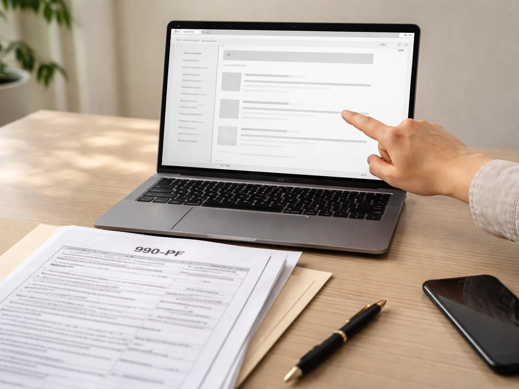 Office desk with laptop and documents representing downloading nonprofit IRS 990-PF filings.