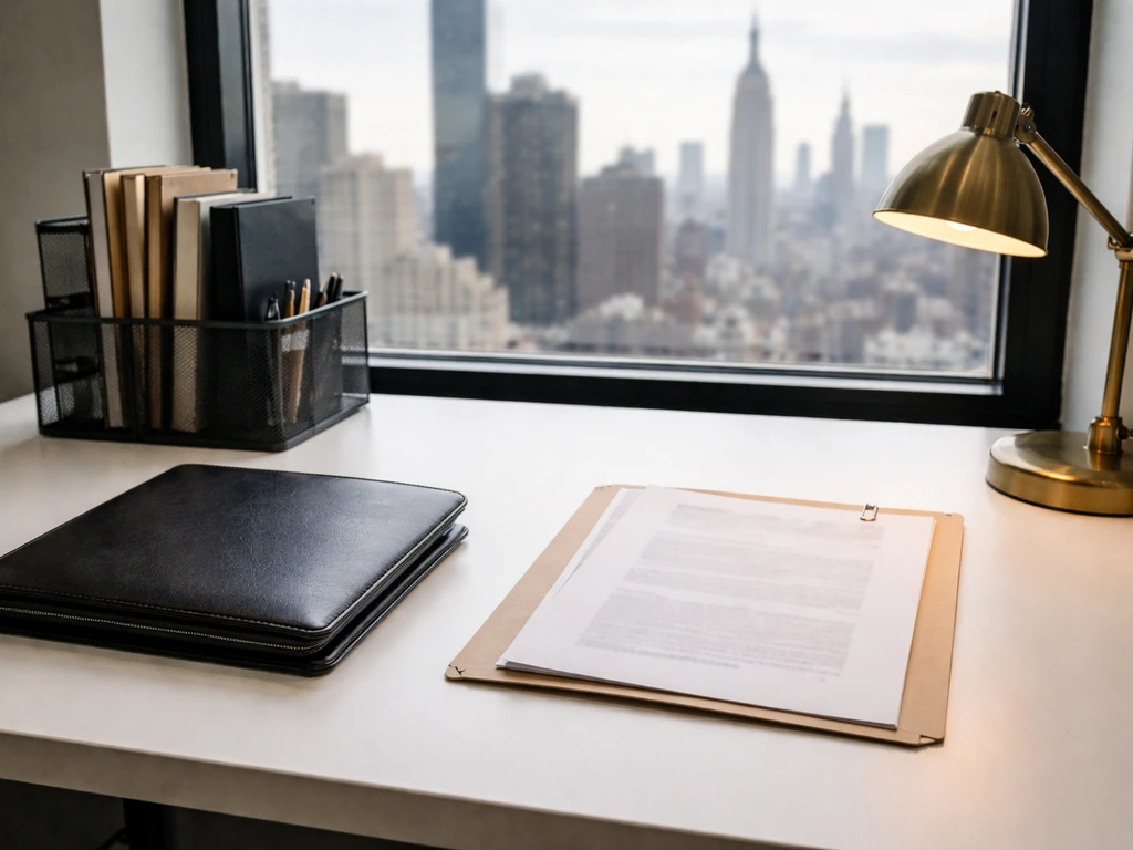 Minimal finance desk with unmarked documents and a blurred New York skyline through a window.