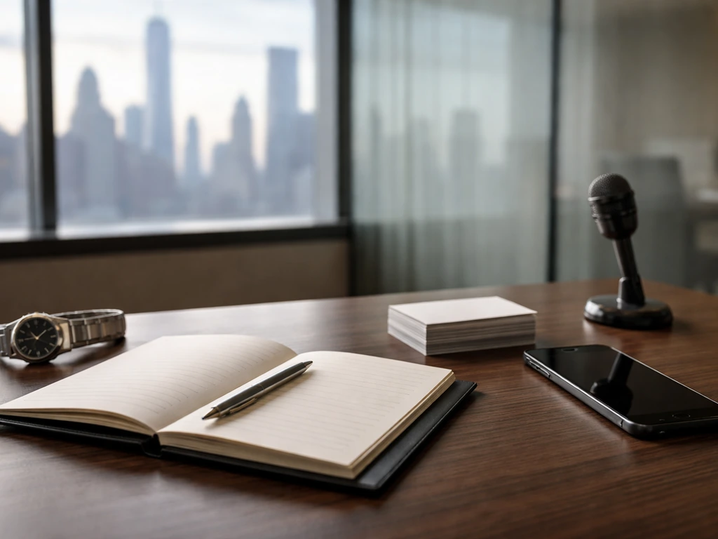 Minimal finance desk with notebook, watch, and city skyline through a window, symbolic career progression