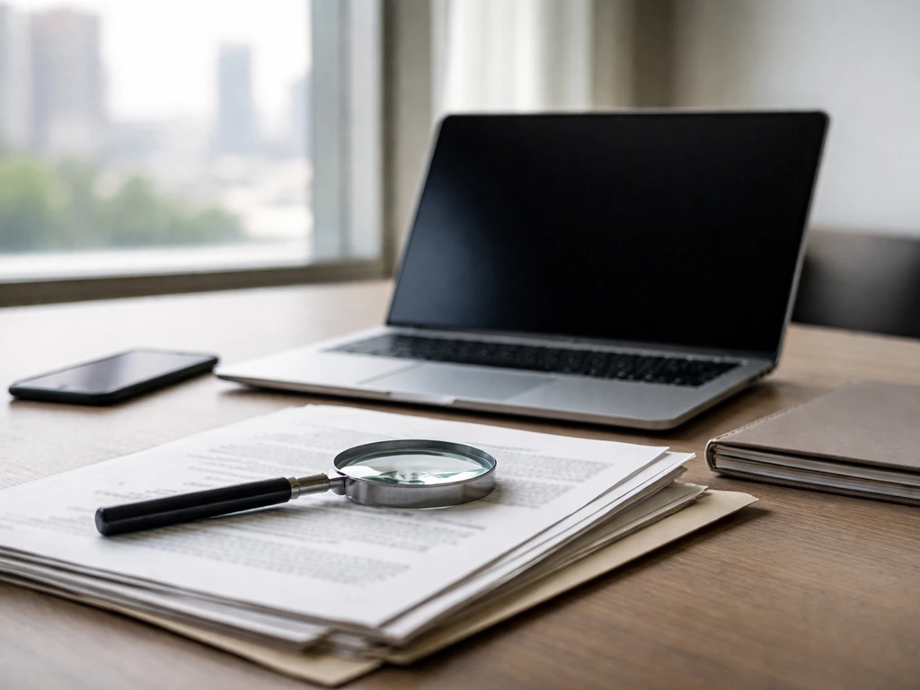 Desk with a laptop, documents, and magnifying glass suggesting checking SEC filings and court records.