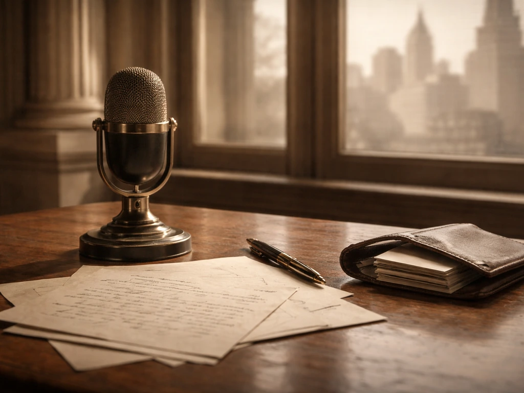 Vintage office desk with microphone and wallet, symbolizing net worth research without showing any person.