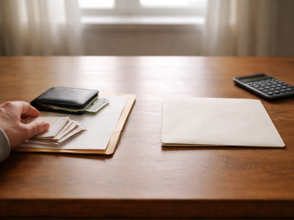 Minimal desk scene showing money and receipts separated from loan documents to imply assets minus liabilities.
