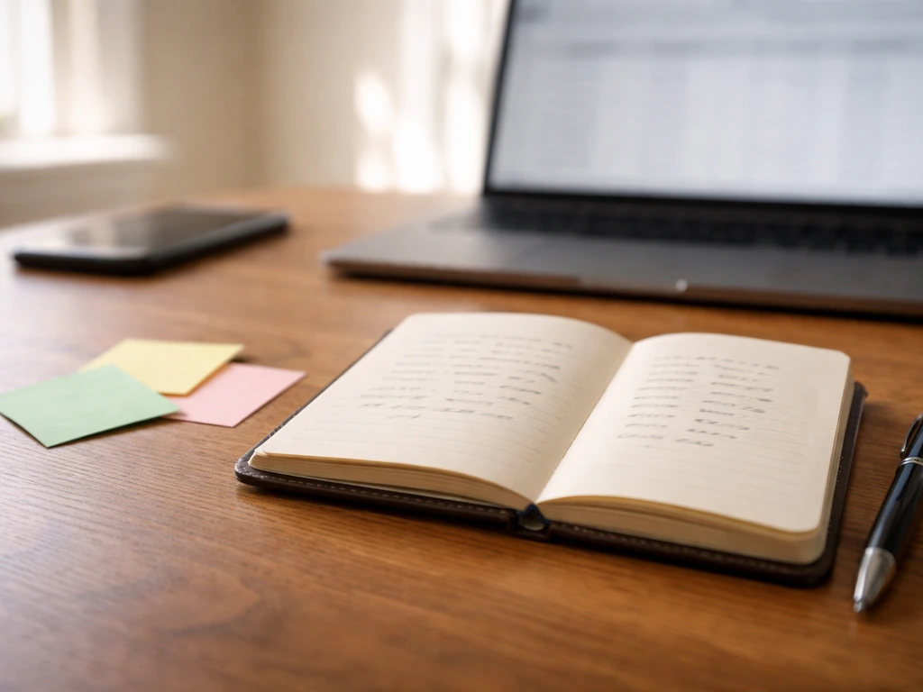 Close-up of a finance notebook with handwritten numbers and a blurred laptop showing a vague spreadsheet-style layout