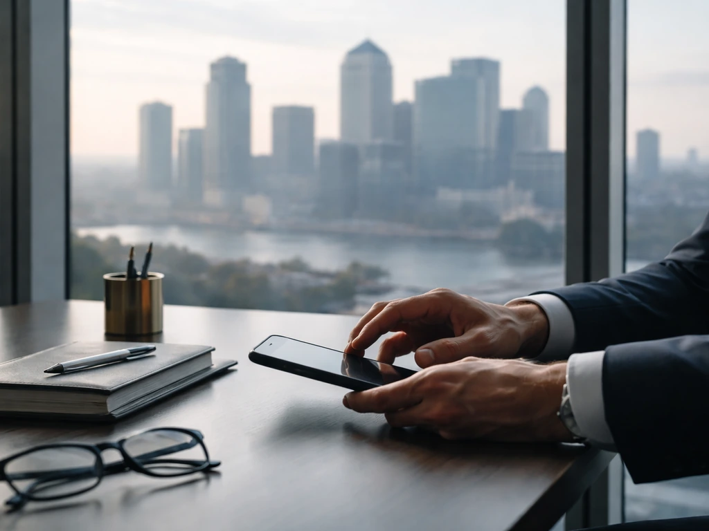 Hands on a desk with Canary Wharf visible through glass, evoking London finance and financial analysis.