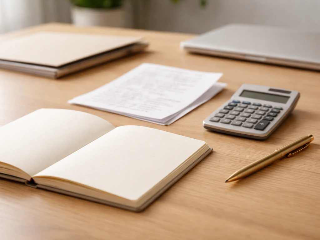 Close-up of a calculator and open notebook with blurred documents suggesting assets minus liabilities concept