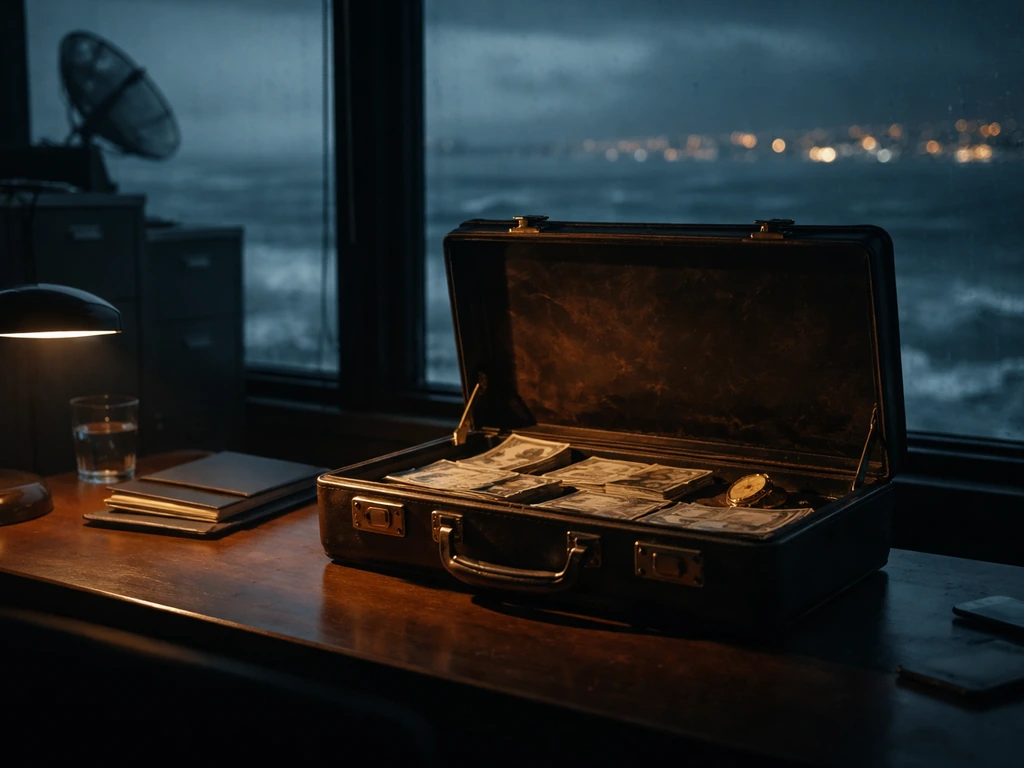 Moody office desk with an open briefcase, cash and a pocket watch under stormy ocean light.