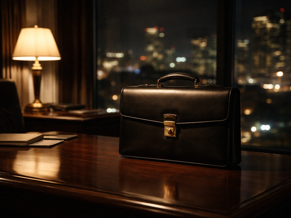 Moody office scene with a solitary briefcase and warm city lights, symbolizing hidden wealth and power
