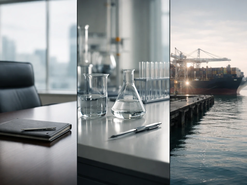 Minimal collage of a boardroom, a lab bench, and a freighter docked—symbolizing corporate-to-asset wealth.