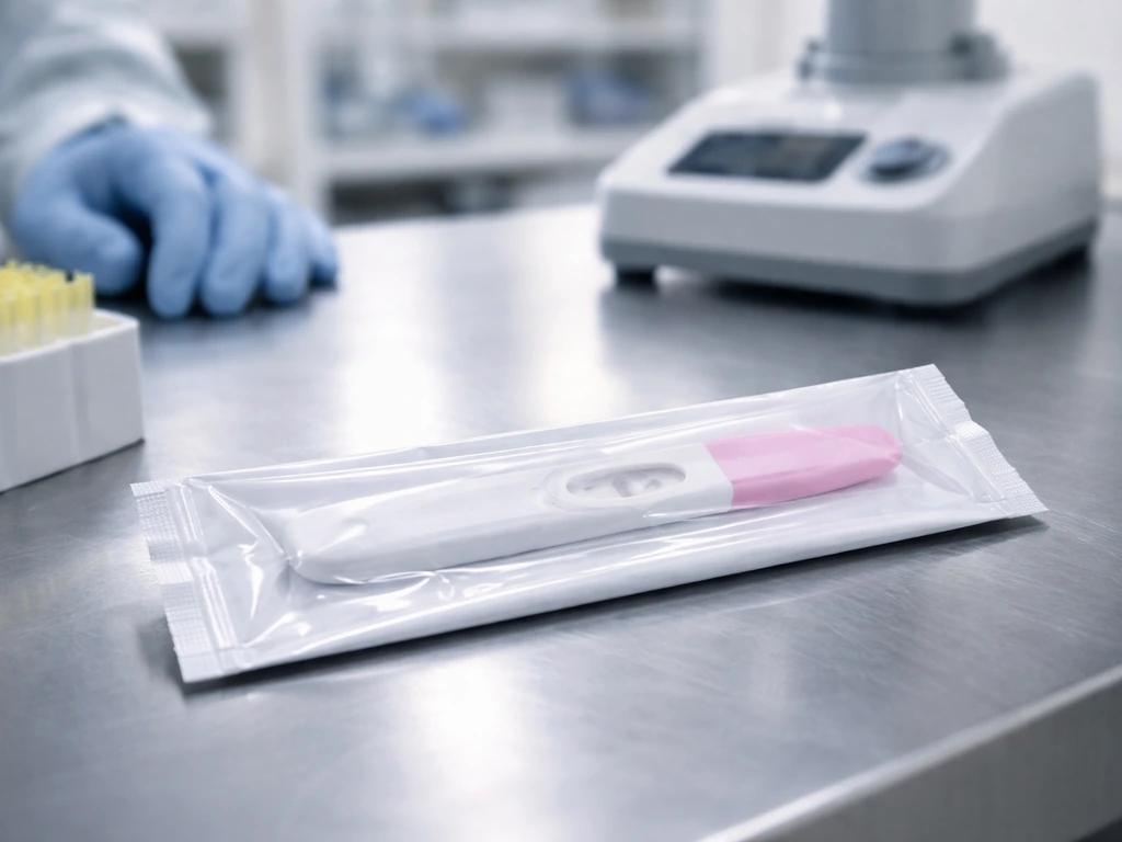 Close-up of consumer health product packaging beside lab tools in a clean manufacturing lab