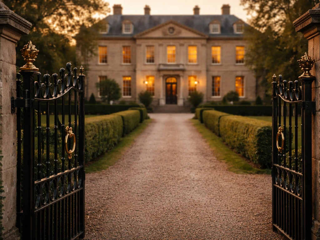 Empty stately country-house driveway with warm evening light, evoking the Sackville family estate.