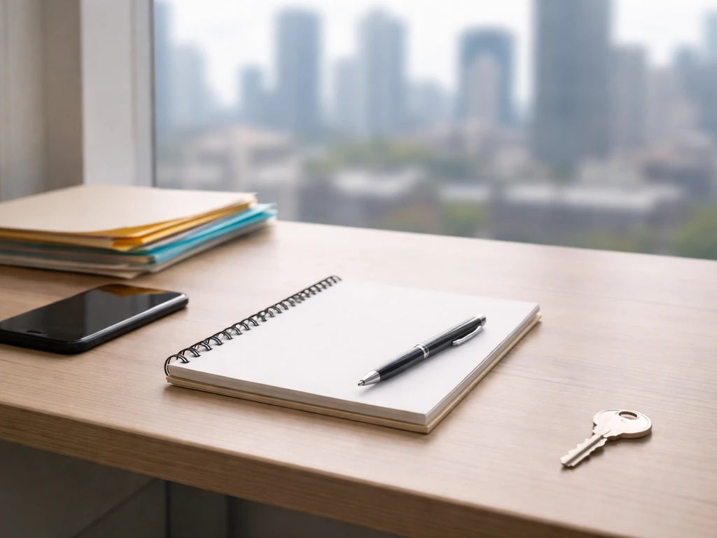 Minimal desk scene with notebook and pen beside a city view, symbolizing evidence-based wealth estimates.