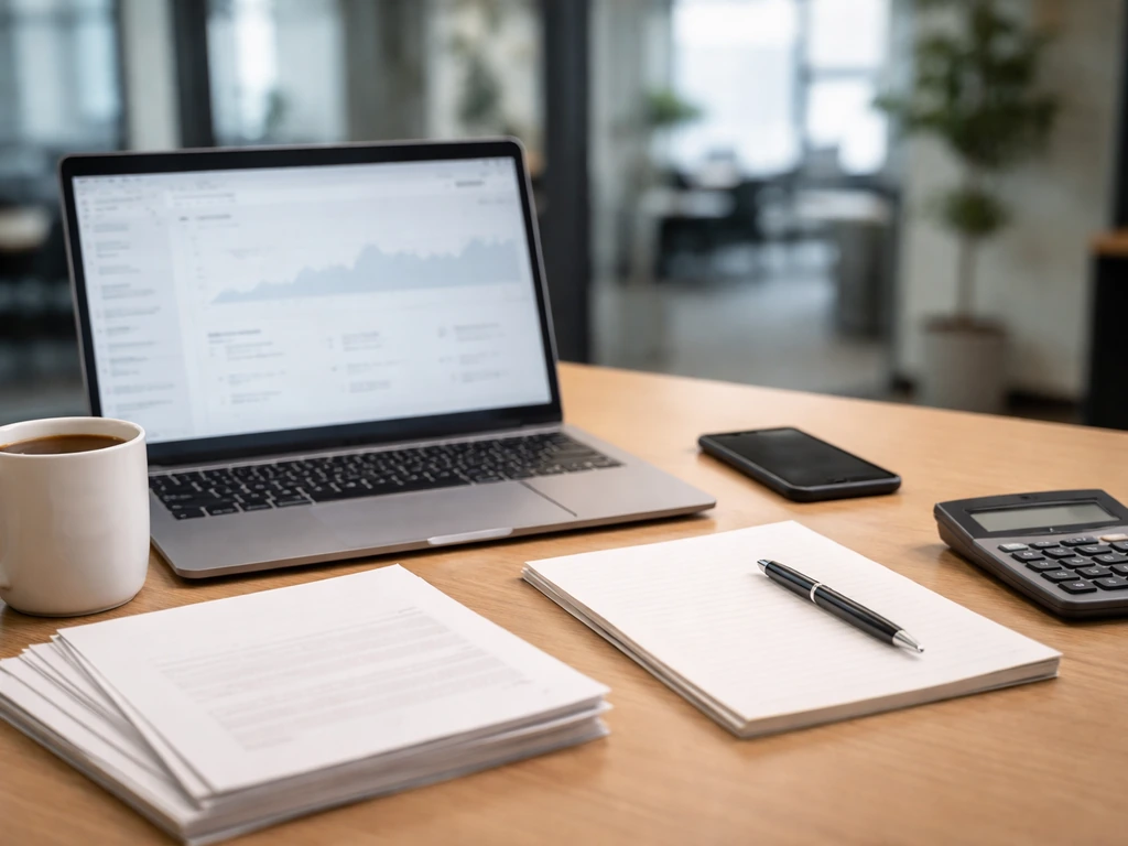Minimal office desk scene with laptop, documents, calculator, and phone for credible net-worth verification.