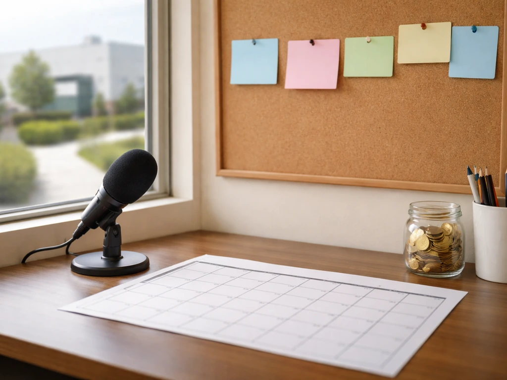 Minimal office desk with corkboard cards and calendar, coins jar, and out-of-focus food facility.