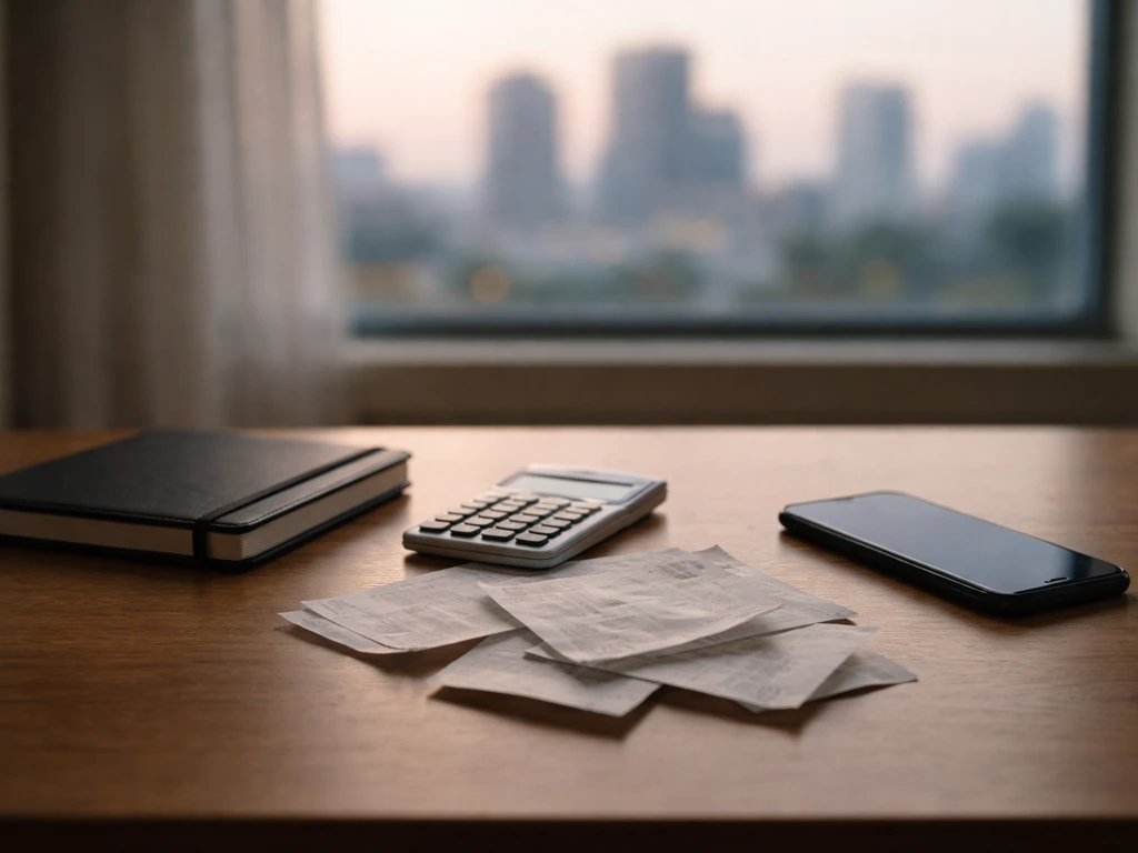 Minimal desk scene with a closed notebook, calculator, and blurred city skyline suggesting net-worth estimation