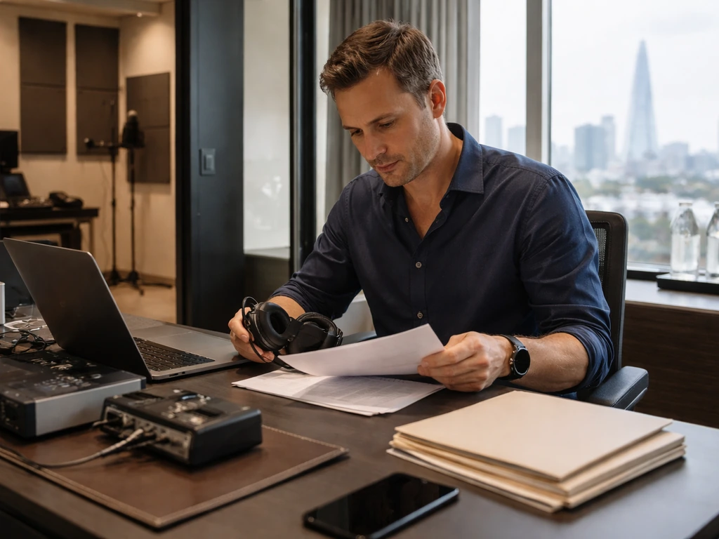 Anonymous music-industry office scene with studio microphone and desk items, symbolizing music business and finances.