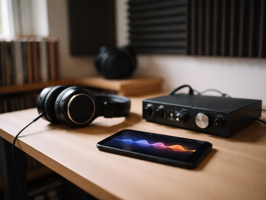 London music producer’s studio desk with headphones and a smartphone showing a live mixing app