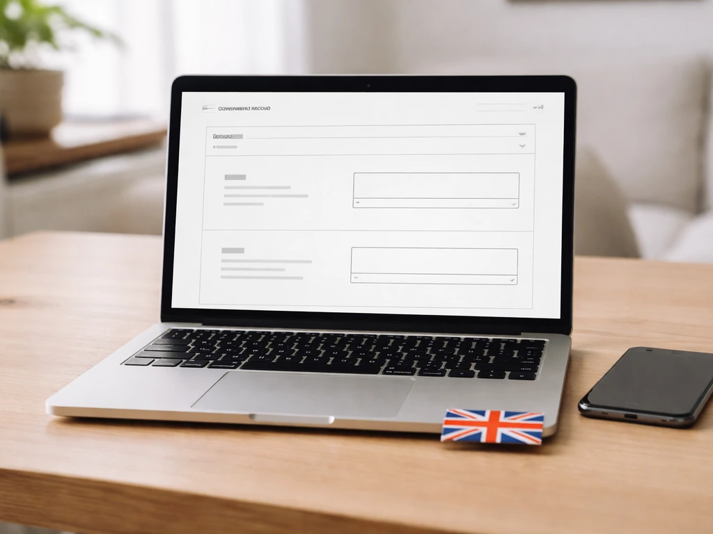 Minimal desk scene with laptop showing blank government-record form fields, no readable text.