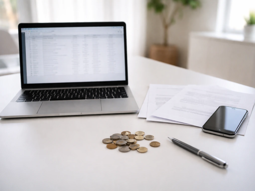 Minimal desk scene with documents, a laptop, and coins suggesting differing financial estimates