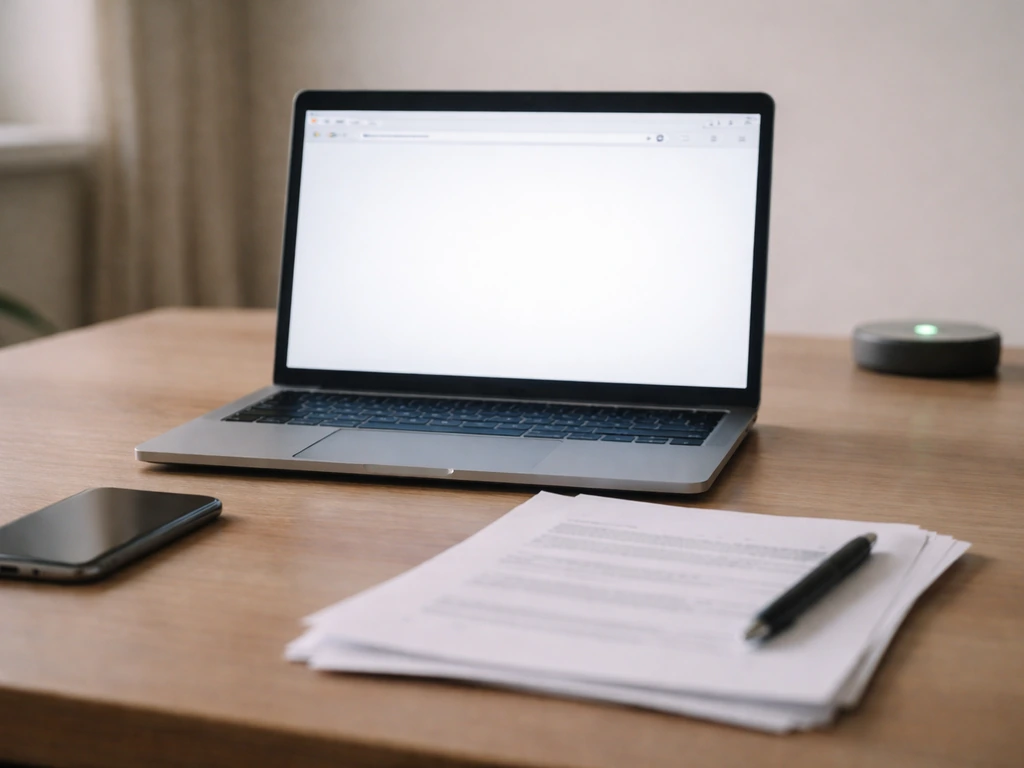 Minimal desk with laptop and phone suggesting online searching and verifying identity without any readable text.