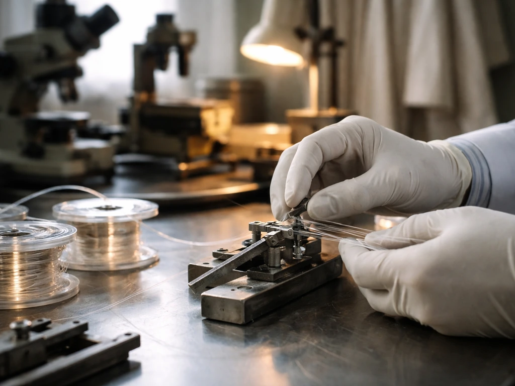 Optical fiber lab scene with a scientist’s hands working near glass fibers and lab equipment