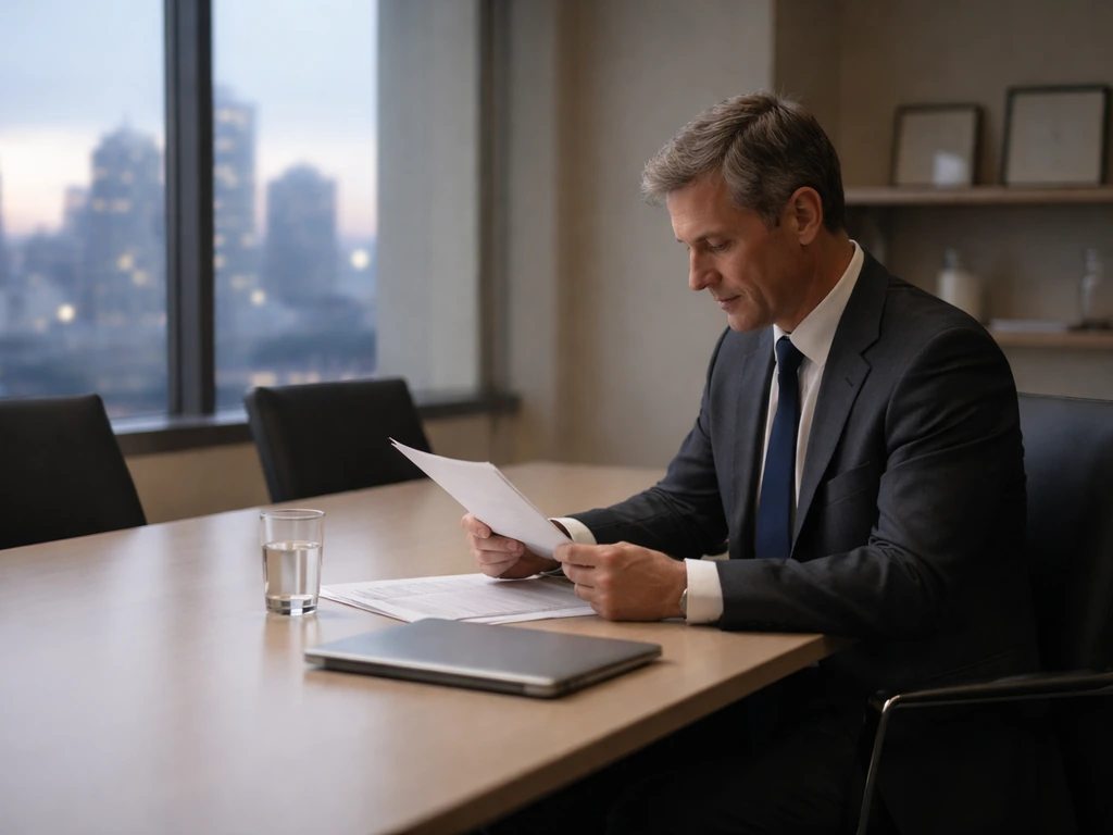 Anonymous executive in a quiet boardroom after-hours, with a laptop and framed certificates on the wall
