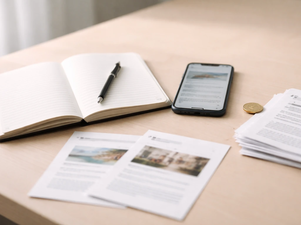 Minimal desk scene with open notebook, smartphone, and printed articles beside a single gold coin