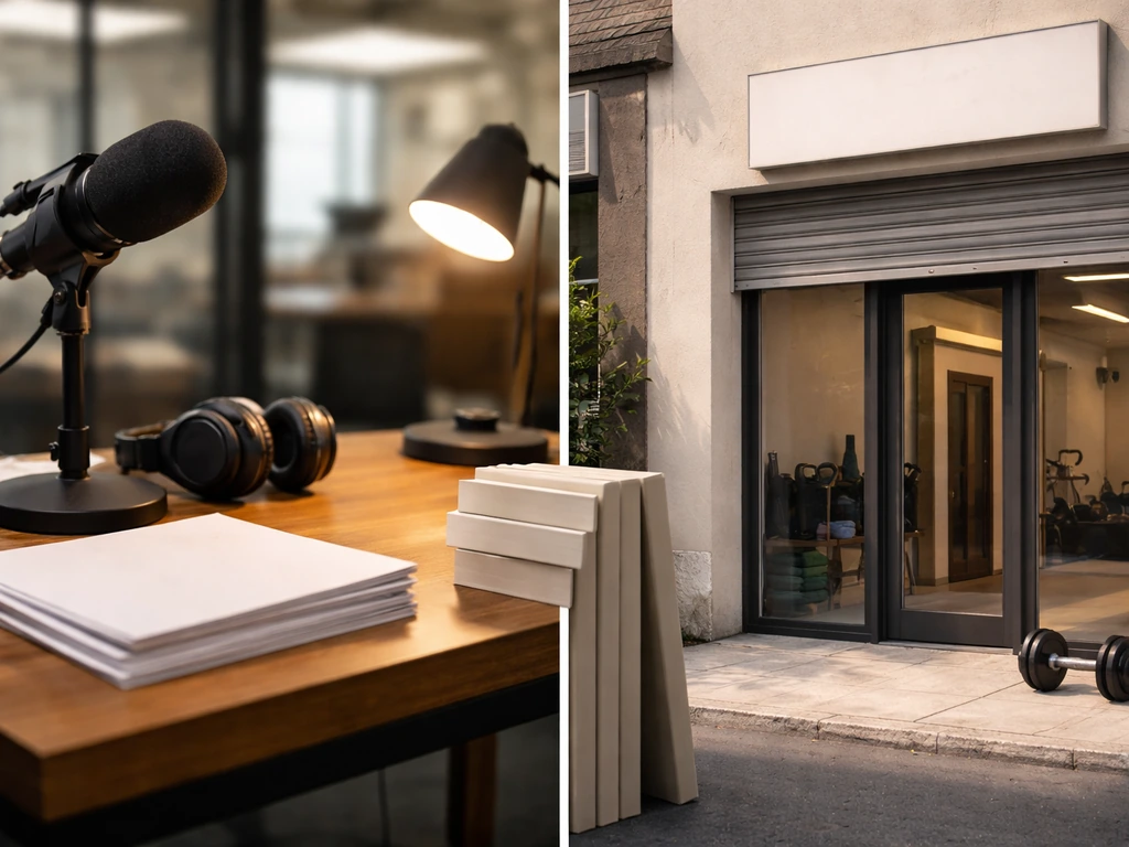 Split photo: newsroom desk with microphone and blank papers on left, fitness storefront and books on right.