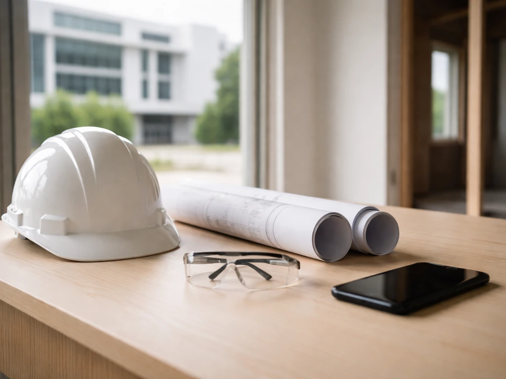 Quiet construction site office desk with hard hat and blueprint-style materials symbolizing a construction developer