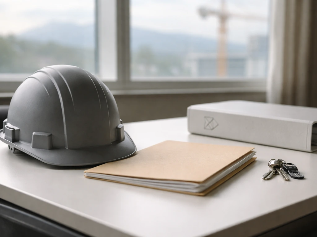Close-up of a business document folder with CW Persona Developments Inc. style branding next to a construction helmet