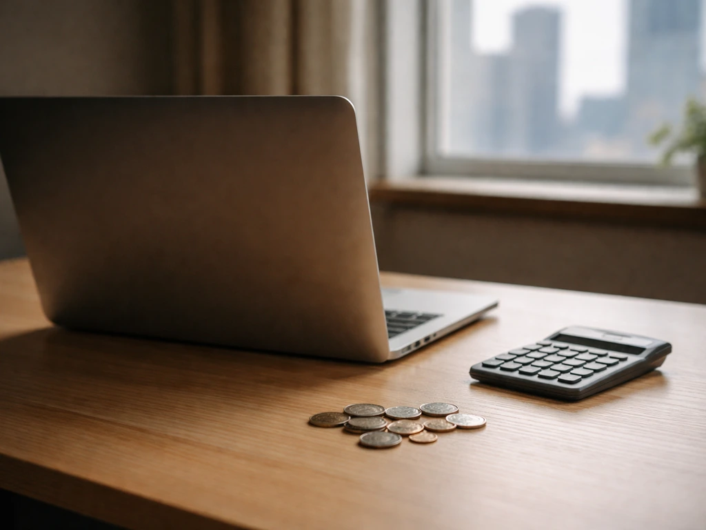 Minimal photo of a calculator and scattered coins beside a laptop in a quiet office, symbolizing a net worth estimate.